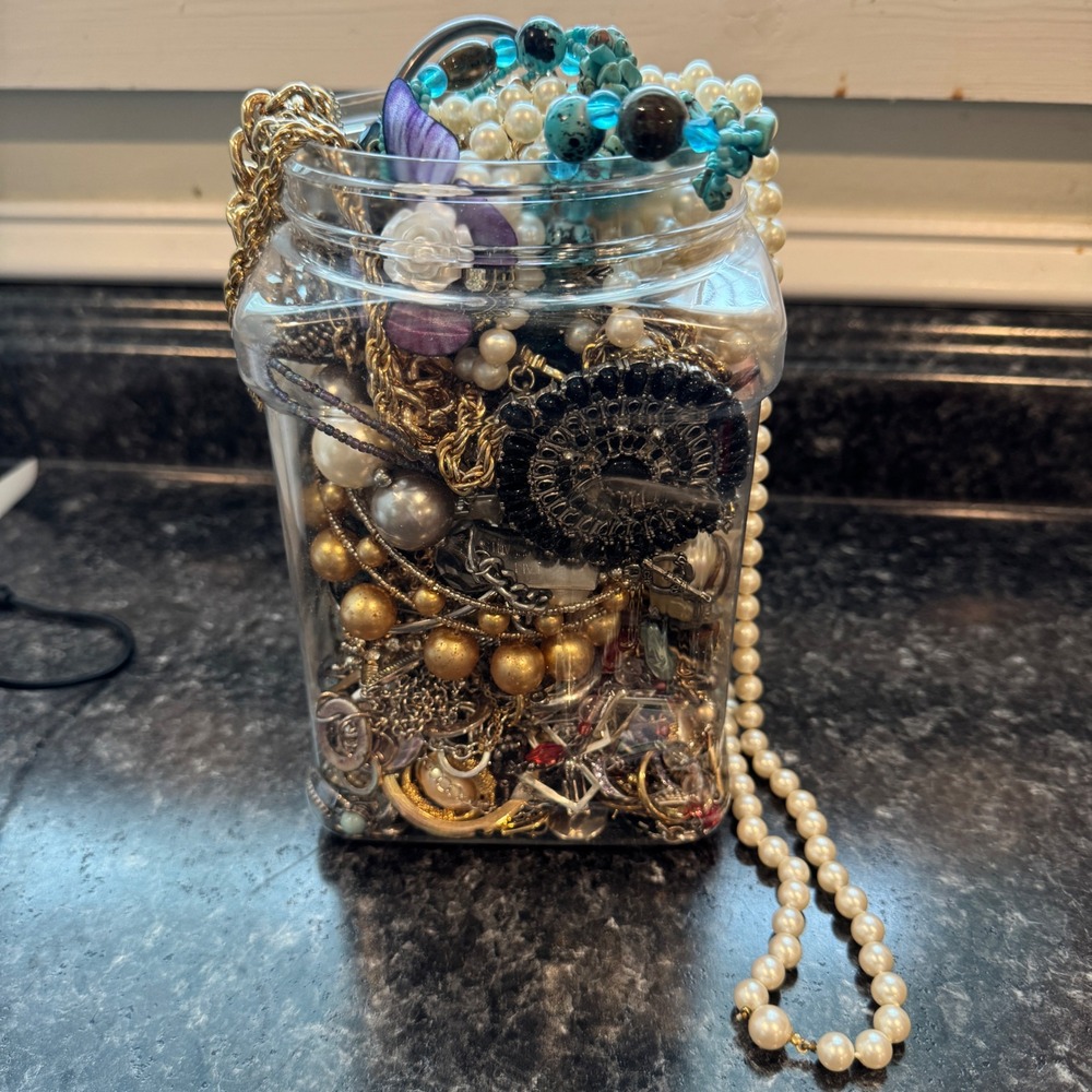 2Qt Mixed Jewelry Lot Craft Some Wearable, Pins, Singles, Craft, Mystery Jar